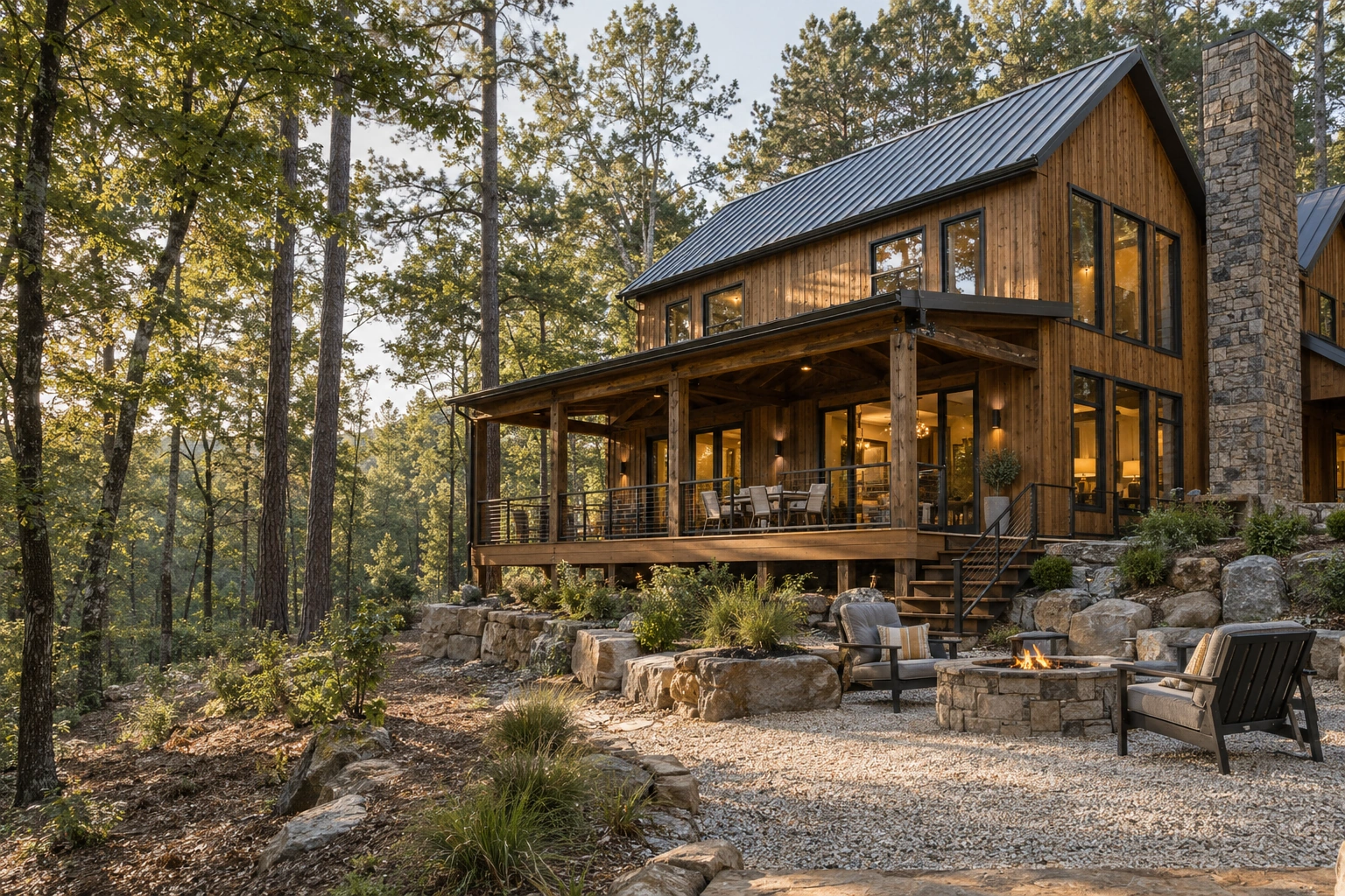 A woodland cabin surrounded by trees
